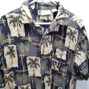 Island Blue Men Short Sleeve Button Down Hawaiian Shirt Black Size L Palm Tree